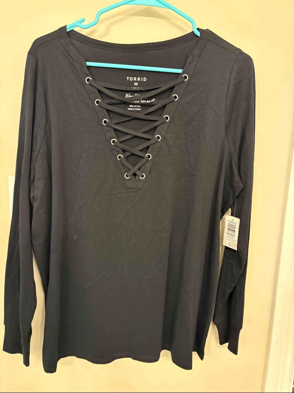 torrid Black Lace-Up V-Neck Long Sleeve Top